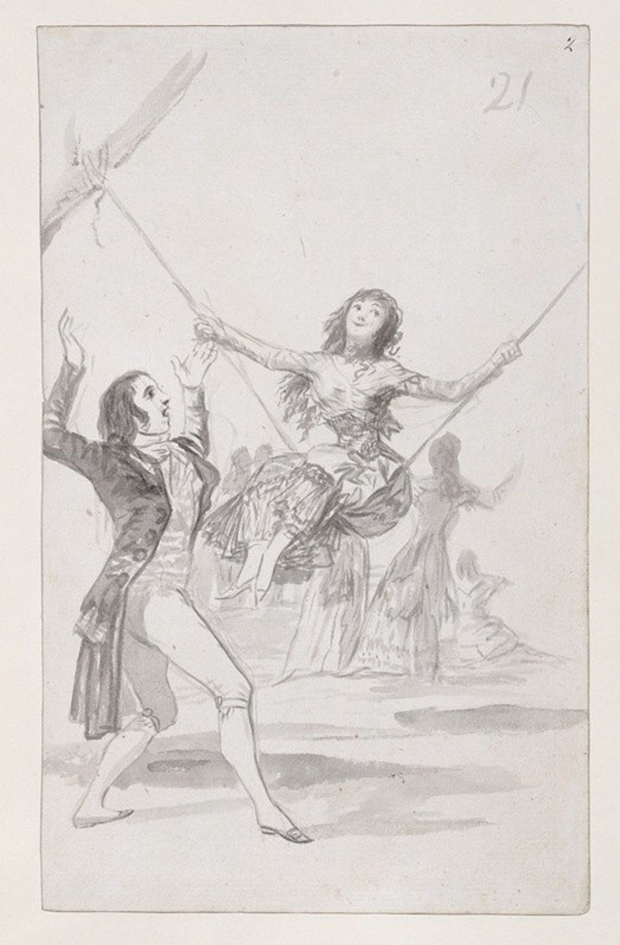 Girl on a swing, a man with his arms raised by Francisco de Goya