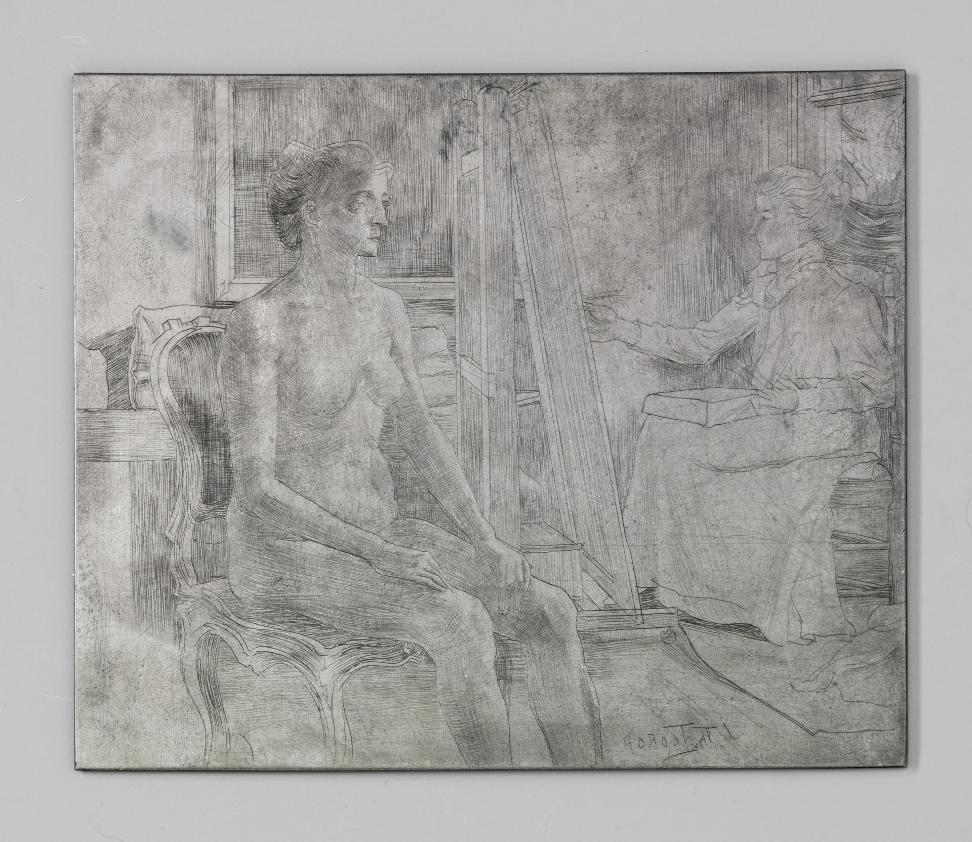 Kunstenares werkt naar vrouwelijk naaktmodel by Jan Toorop