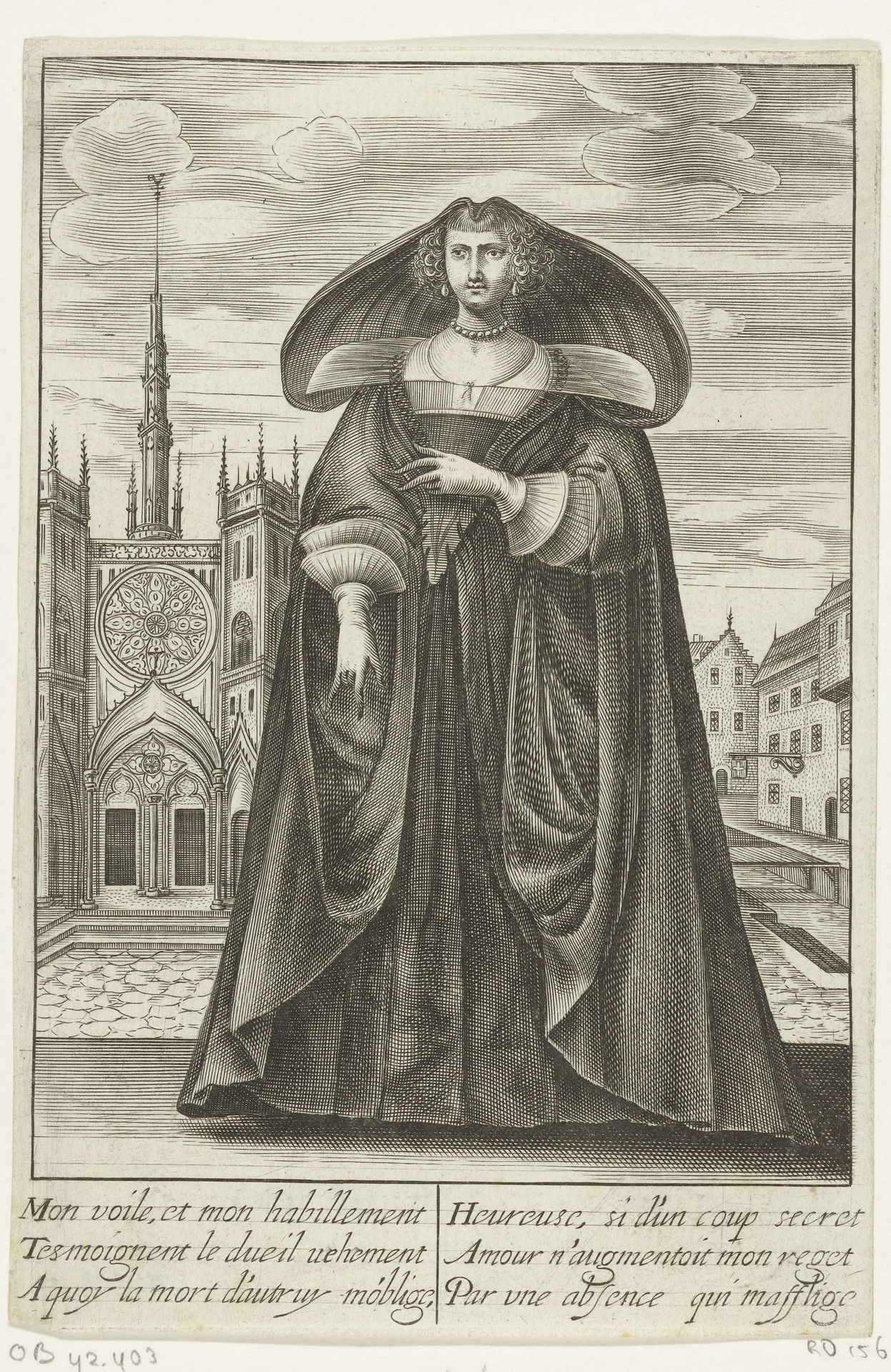 Franse dame in rouwkleding op een plein by Isaac Briot