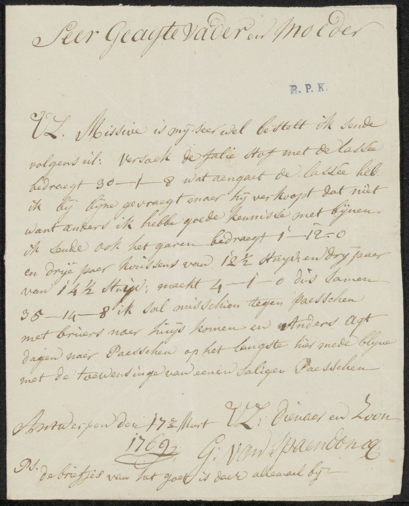 Brief aan de vader en moeder van Gerard van Spaendonck by Gerard van Spaendonck