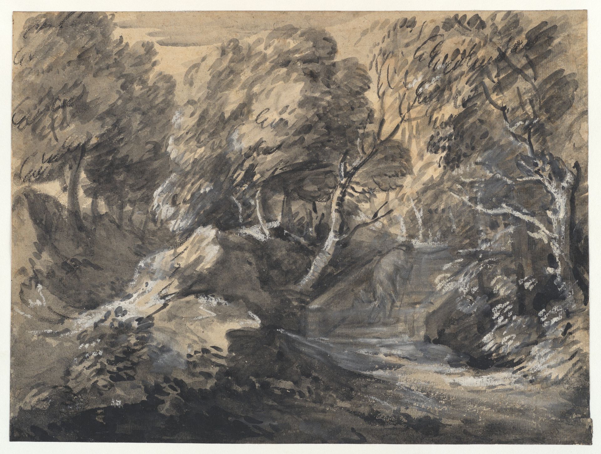 Wooded Landscape with a Man Crossing a Bridge by Thomas Gainsborough