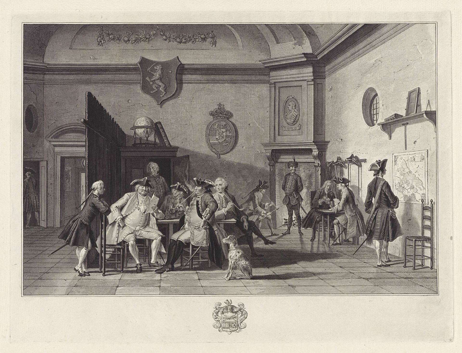 Wachtlokaal met lezende, rokende en kaartspelende officieren by Jan Punt