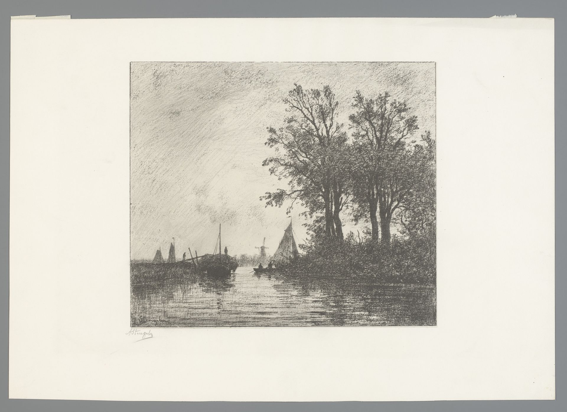 Schepen op de Maas met op de achtergrond een molen by Alphonse Stengelin