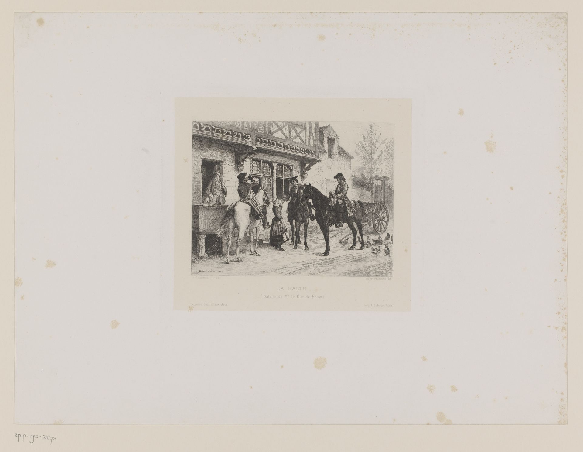 Drie reizigers te paard bij een rustplaats by Léopold Flameng