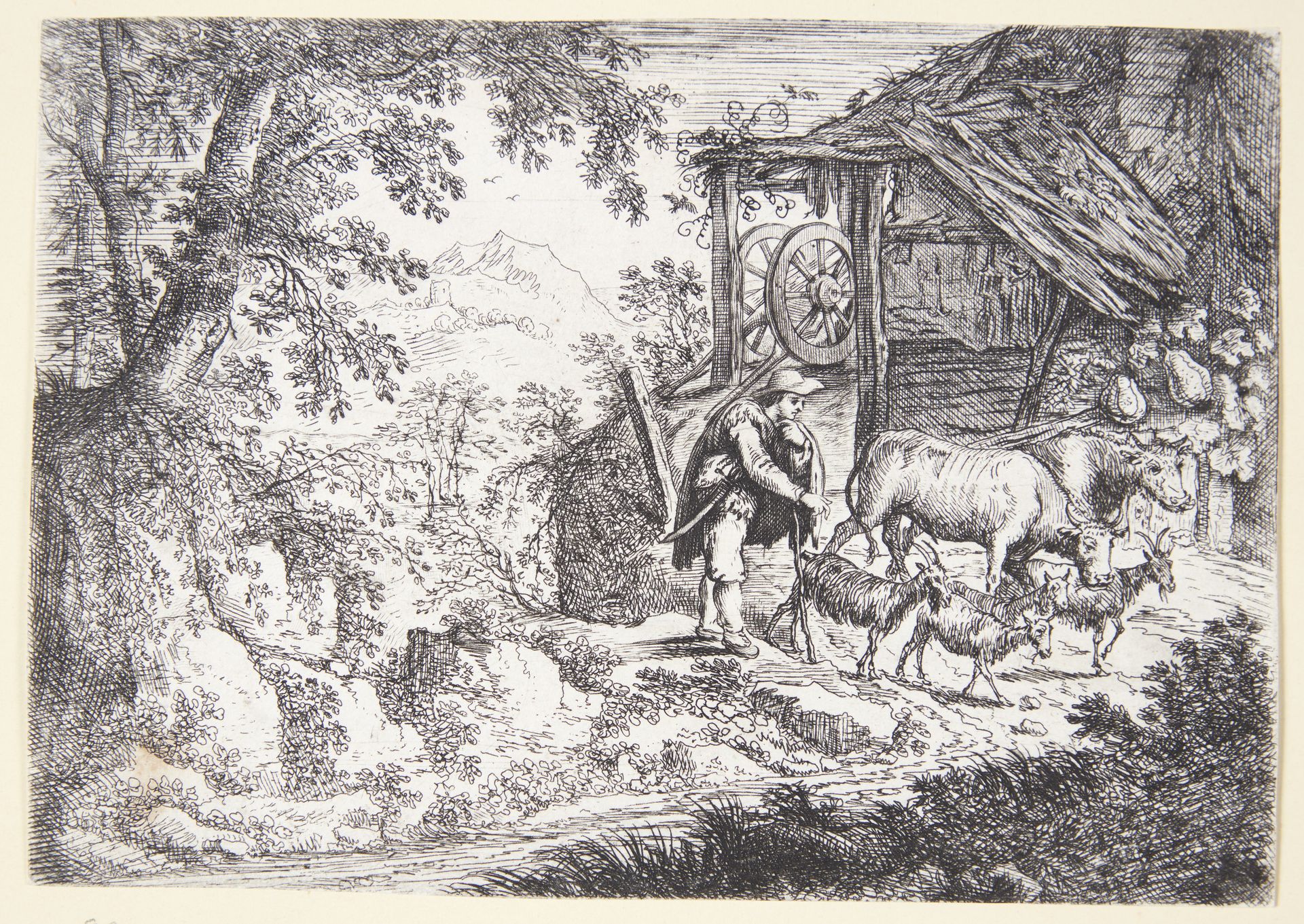 Landskab med en hyrde med to køer og fire geder by Cornelis Matthieu