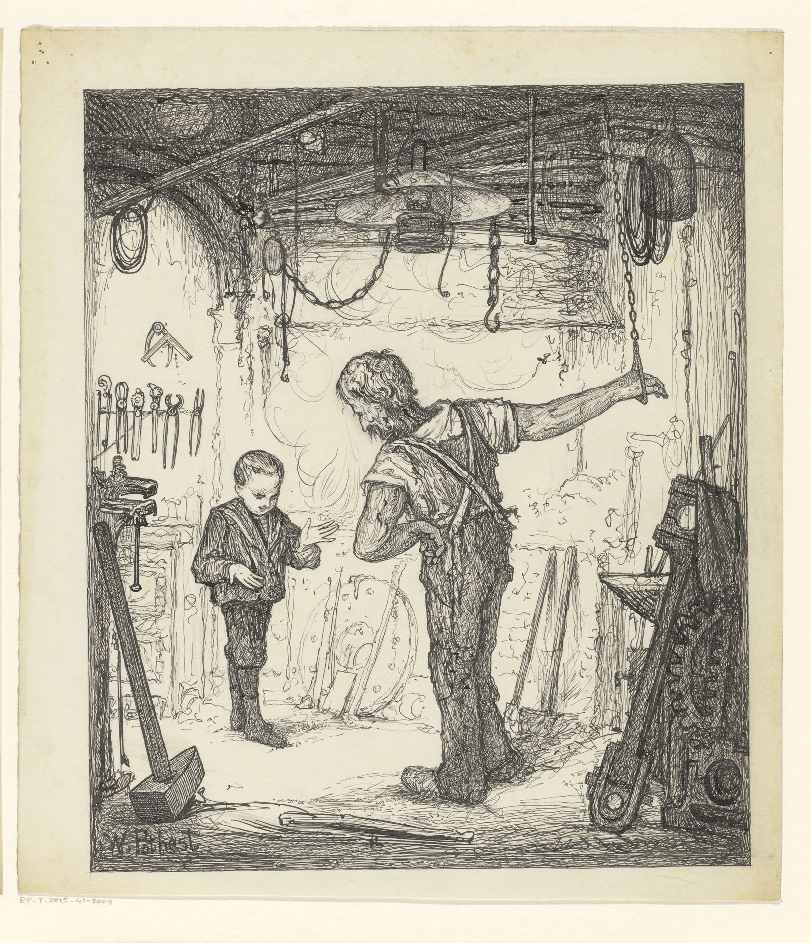 Jongen en geketende man in een werkplaats by Willem Pothast