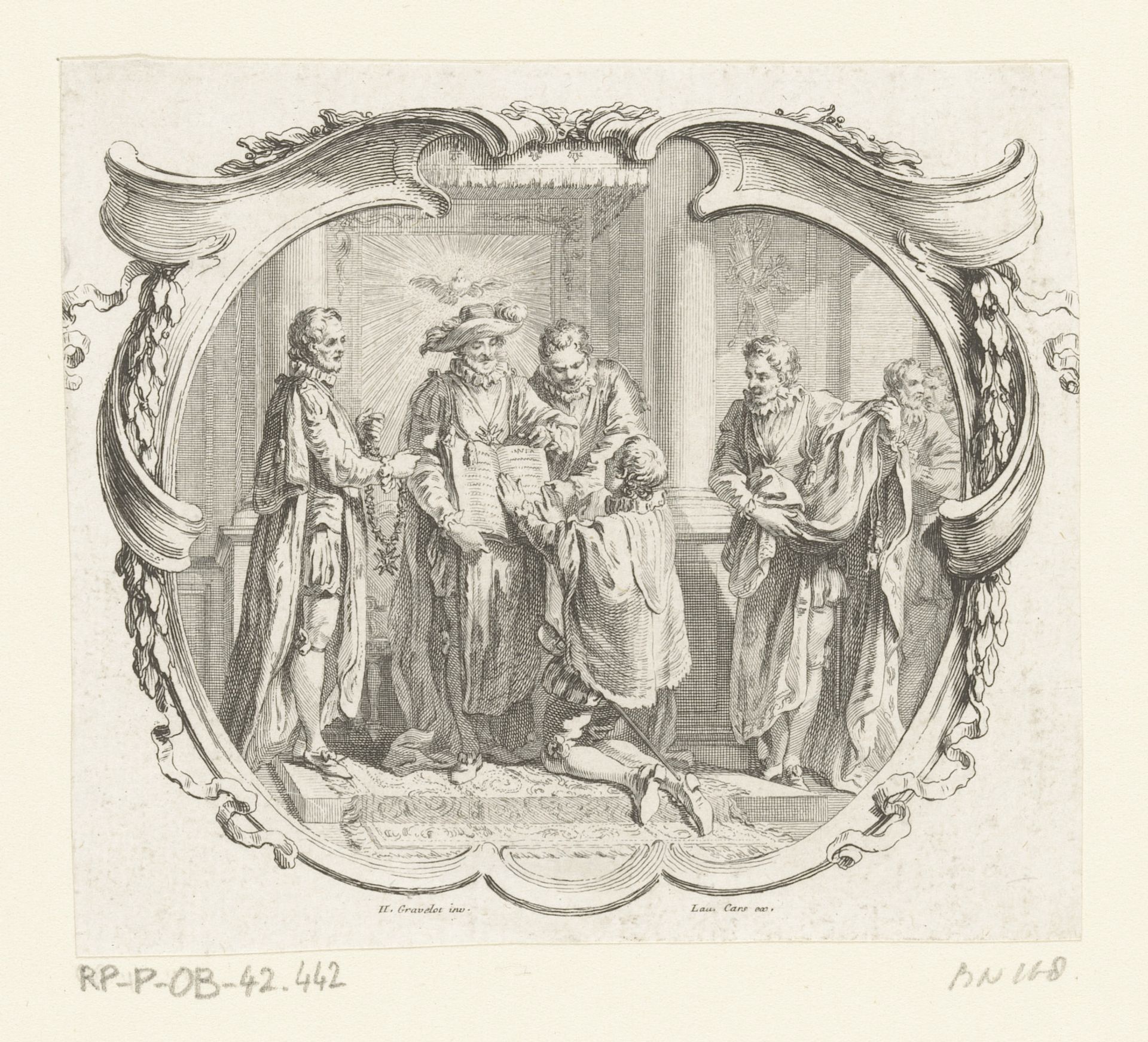 Vignet met een ridder die een eed aflegt op de bijbel vastgehouden door Henry de Bourbon by Laurent Cars