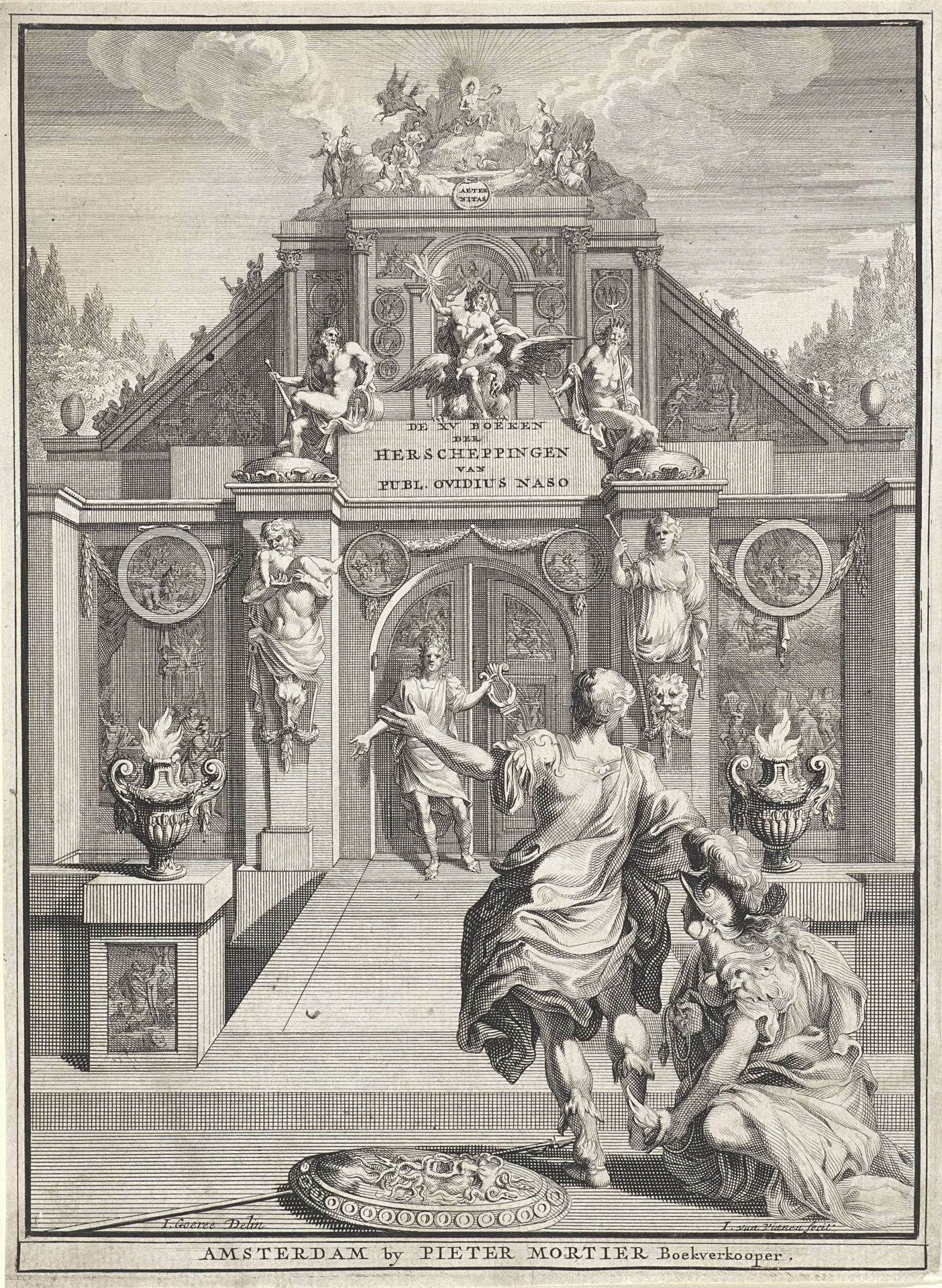 Minerva en Apollo begeleiden Ovidius naar een tempel by Jan van Vianen