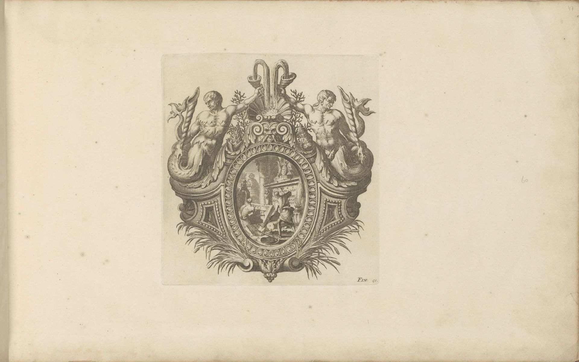 Vignet met twee zeemeermannen by Anonymous