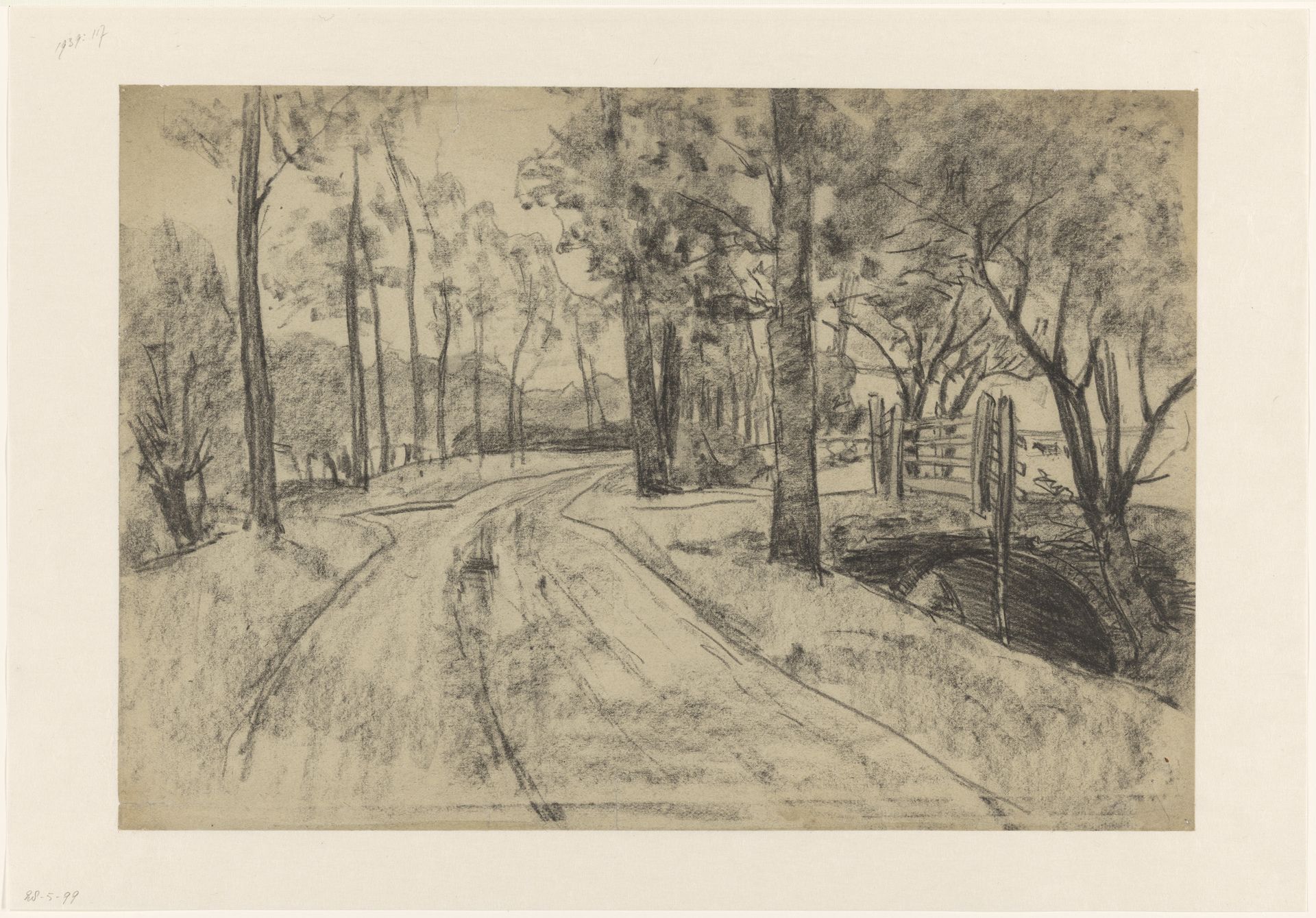 Weg tussen bomen, rechts een brug met een hek by Egbert Rubertus Derk Schaap