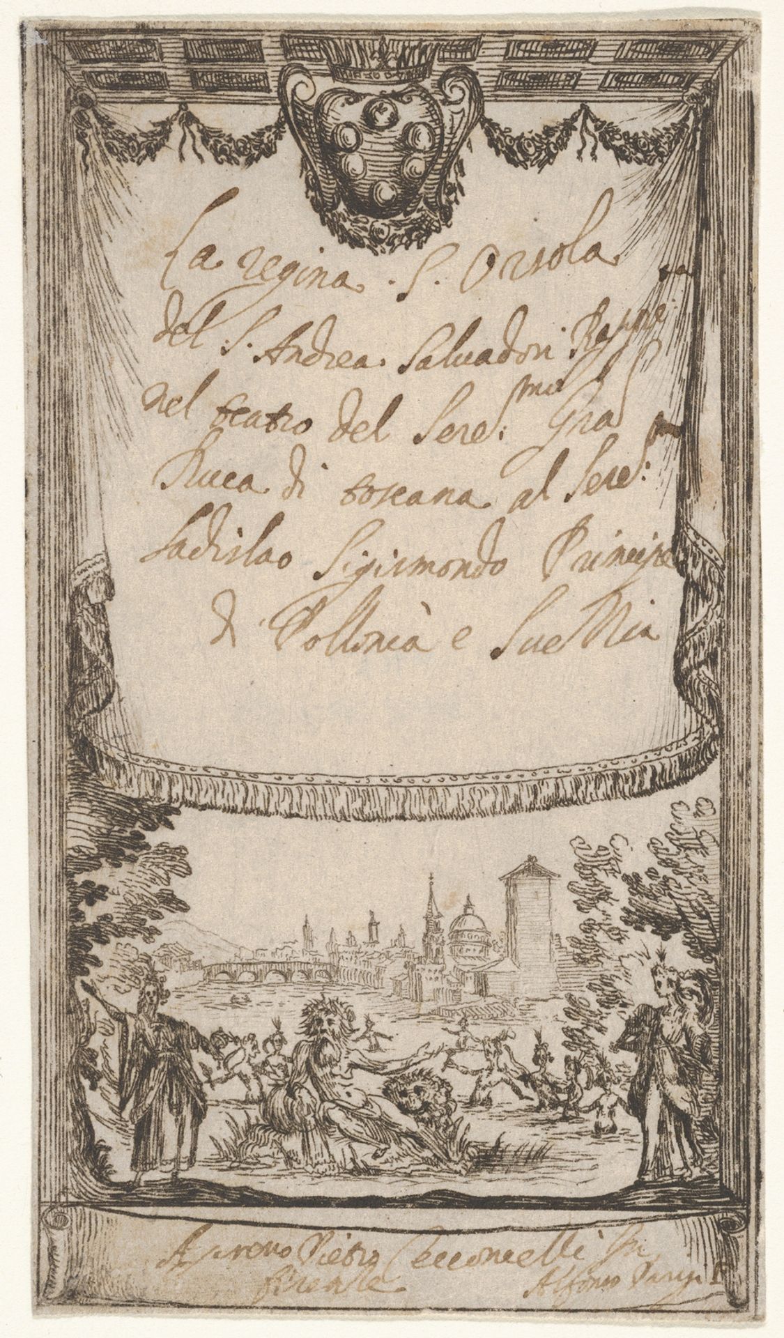 Frontispiece, 'Queenly St. Ursula' (La Regina Sant'Orsola), from a series of prints for the performance of the St. Ursula tragedy, presented in Florence at the beginning of the 17th century by Alfonso Parigi